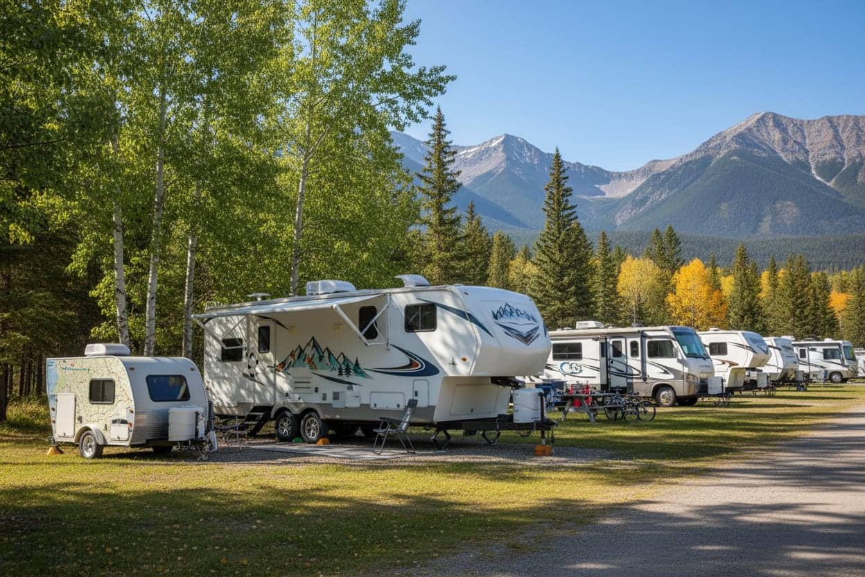 RVs parked at a wooded mountain campground