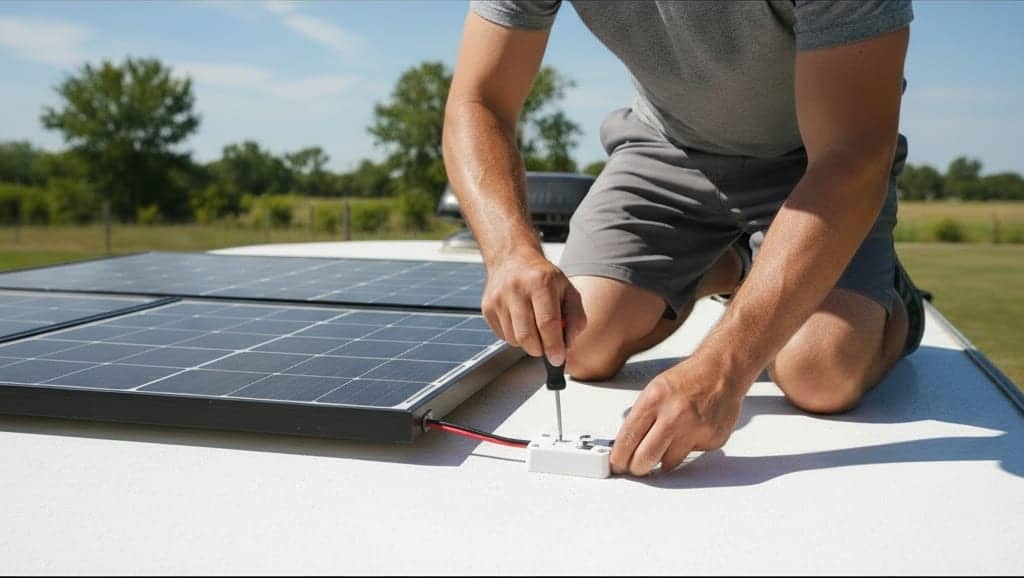 Solar panel wiring being installed on an RV roof