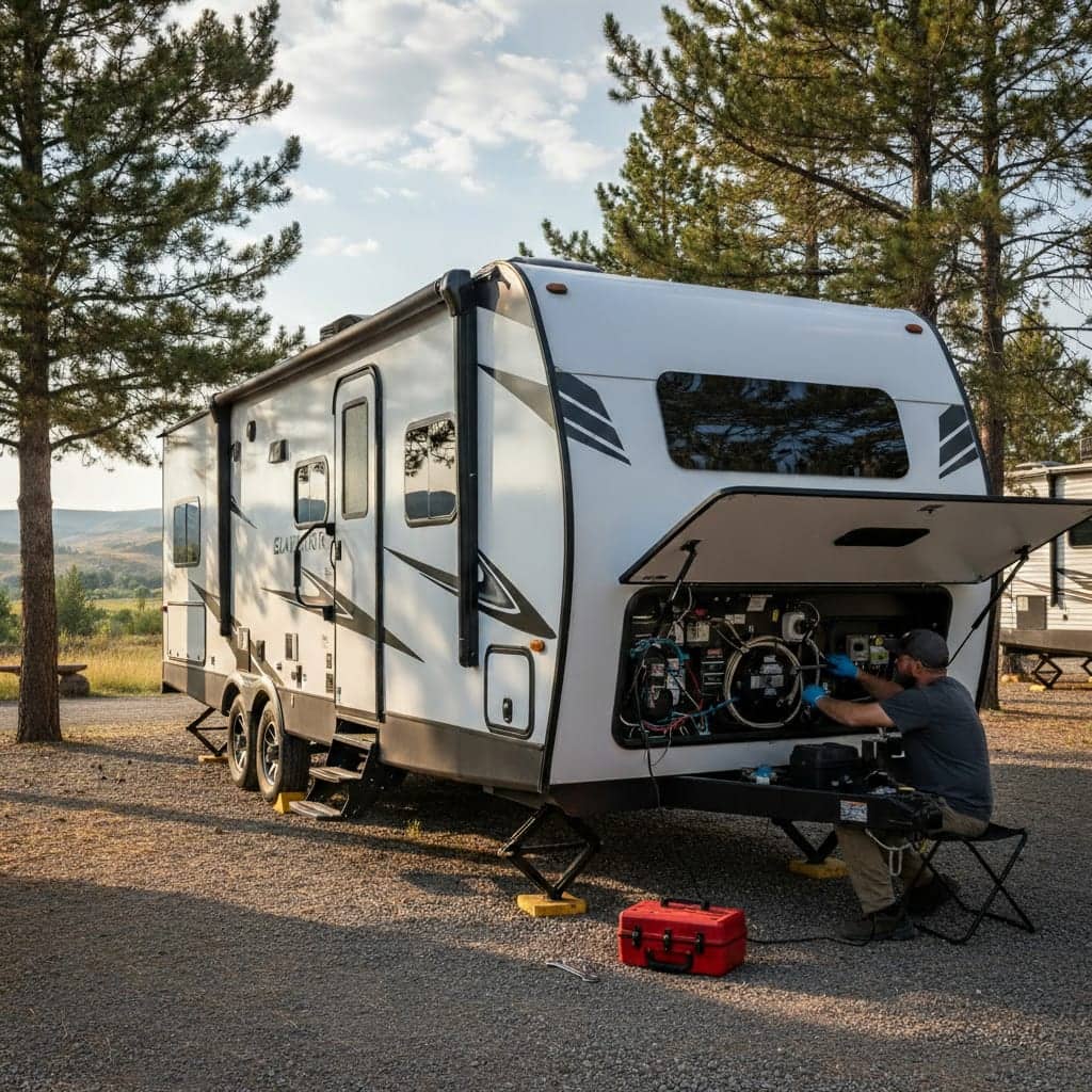 Technician working inside an RV utility compartment